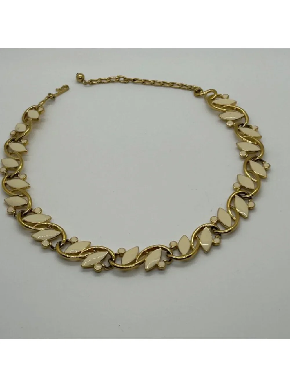 Vintage Trifari Enamel Choker Necklace Gold Tone Leaf Cream 1980s Statement
